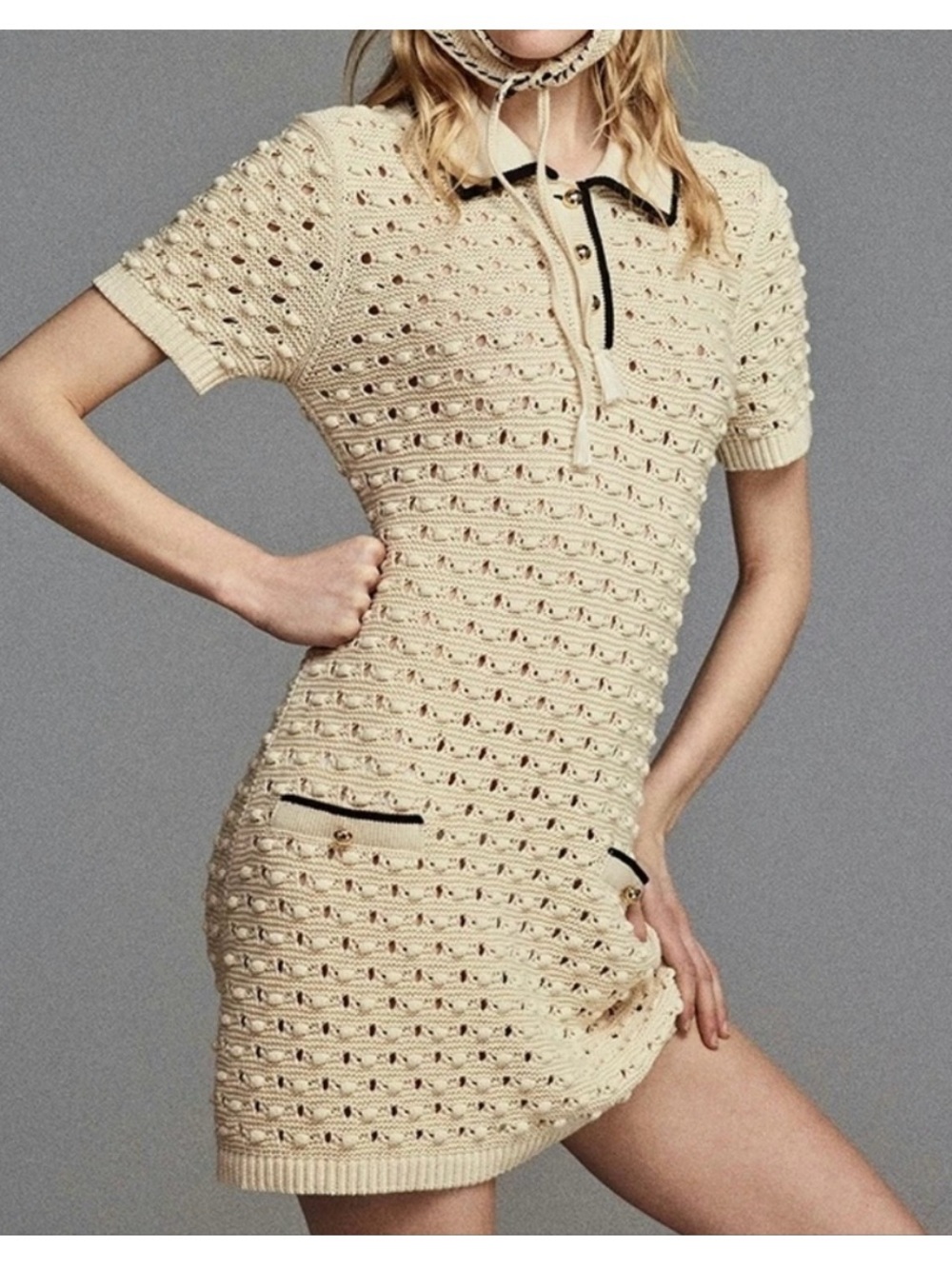 Frame Knit Bauble Dress cream with Black Trim M